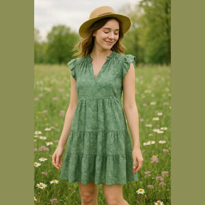 Wonderly Green Printed Split Neck Tiered Dress Women Size XS